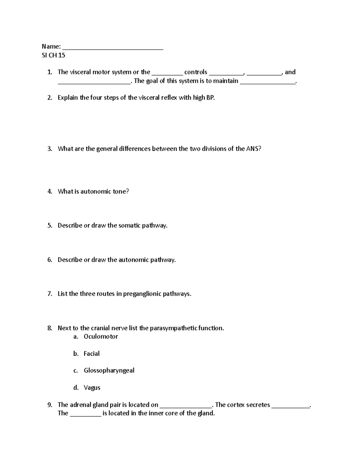 Ch 15 - worksheet for a&p chapter 15 - Name ...