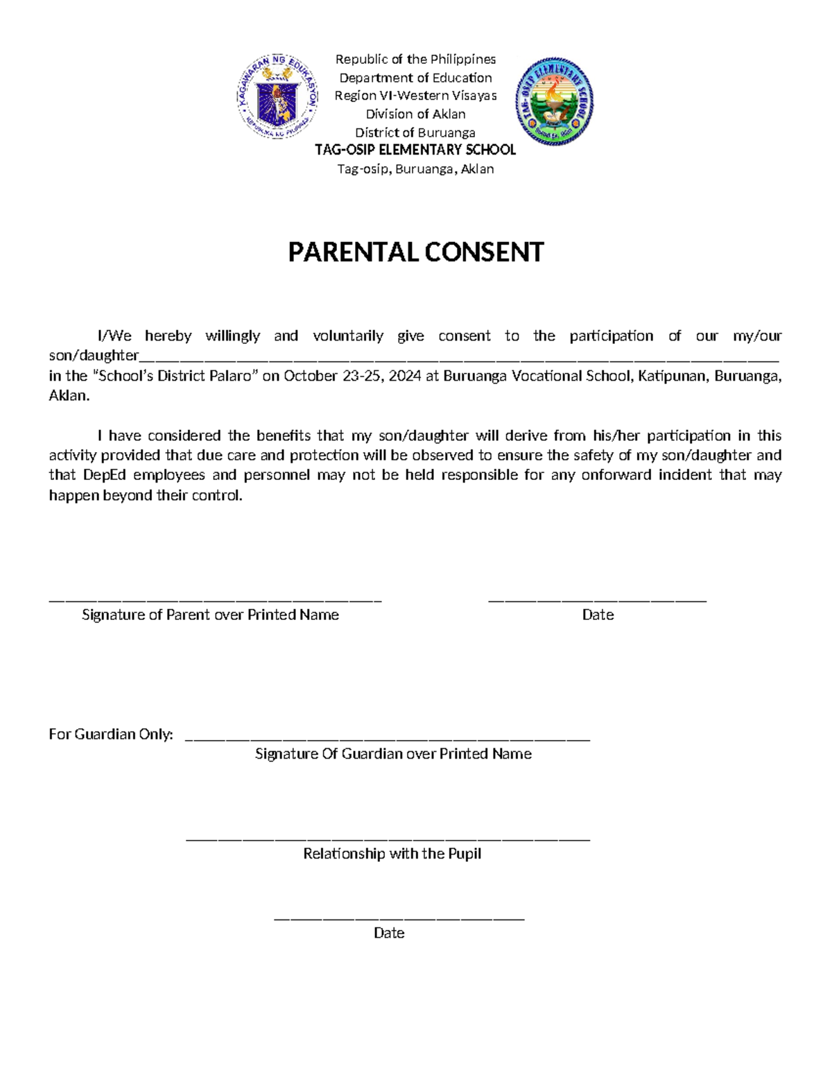 Parental Consent - Republic of the Philippines Department of Education ...