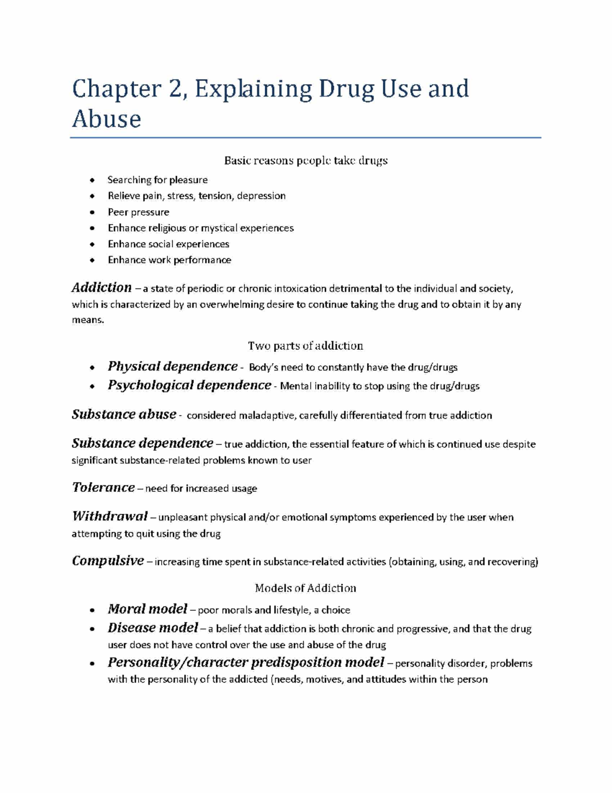 Lecture notes, course Ch 2 - Explaining drug Use and Abuse - CEP 261 ...
