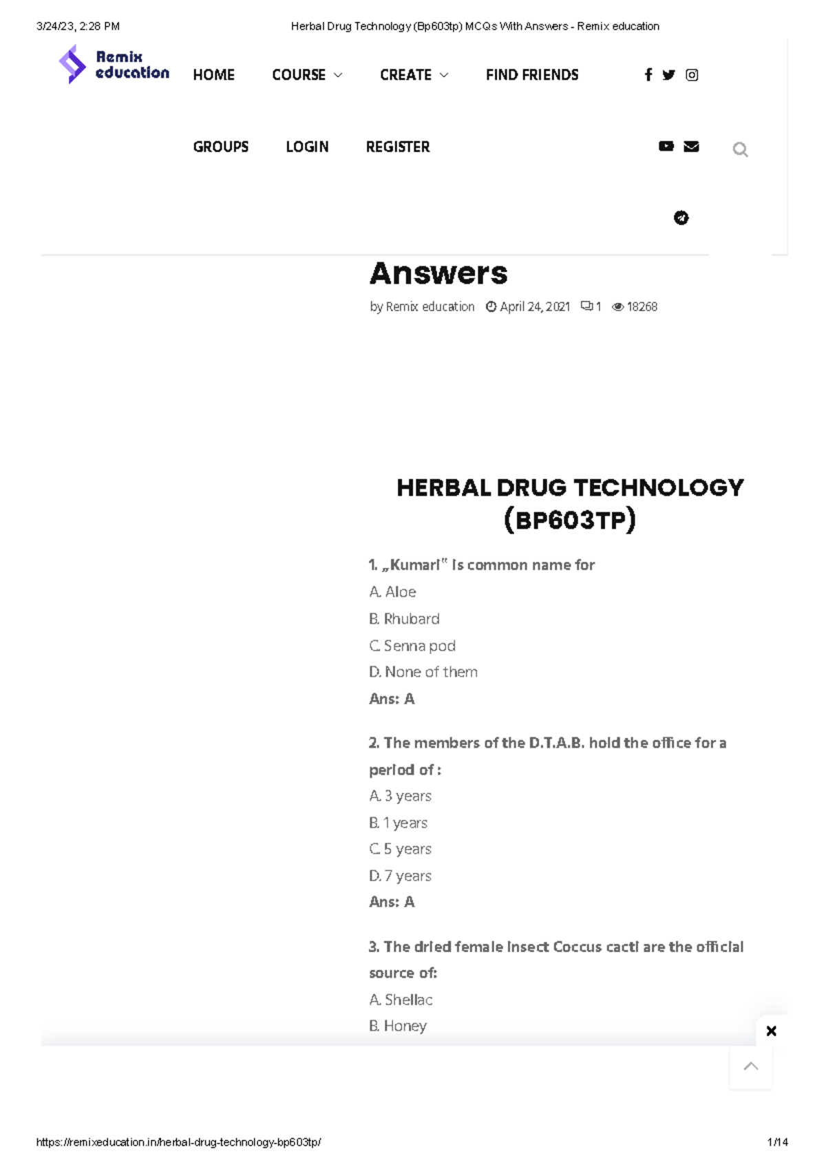 Herbal Drug Technology (Bp603tp) MCQs With Answers Remix education