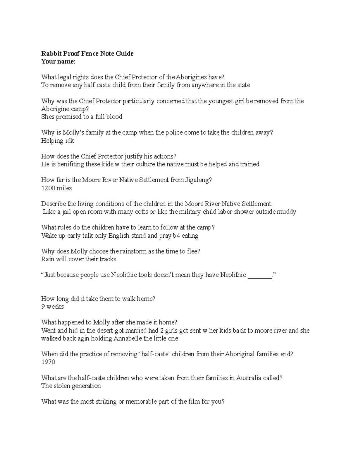 Rabbit Proof Fence Film Guide Rabbit Proof Fence Note Guide Your name