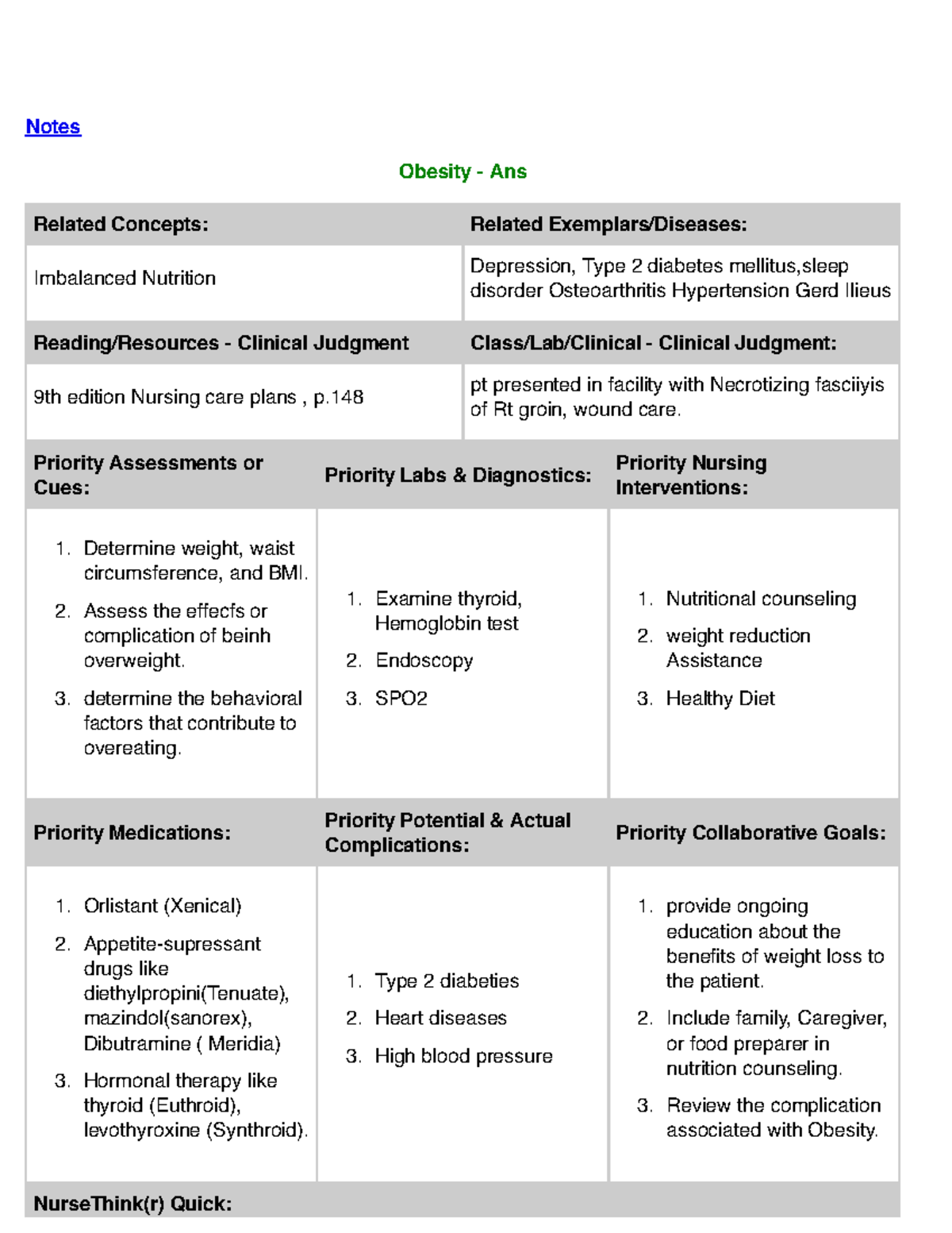 Obesity - Ans - Additional Notes - Notes Obesity - Ans Related Concepts ...