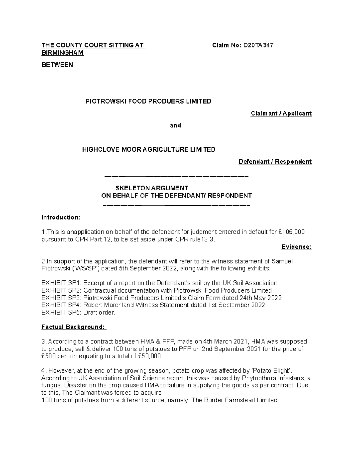 Skeleton argument default judgment - THE COUNTY COURT SITTING AT Claim ...
