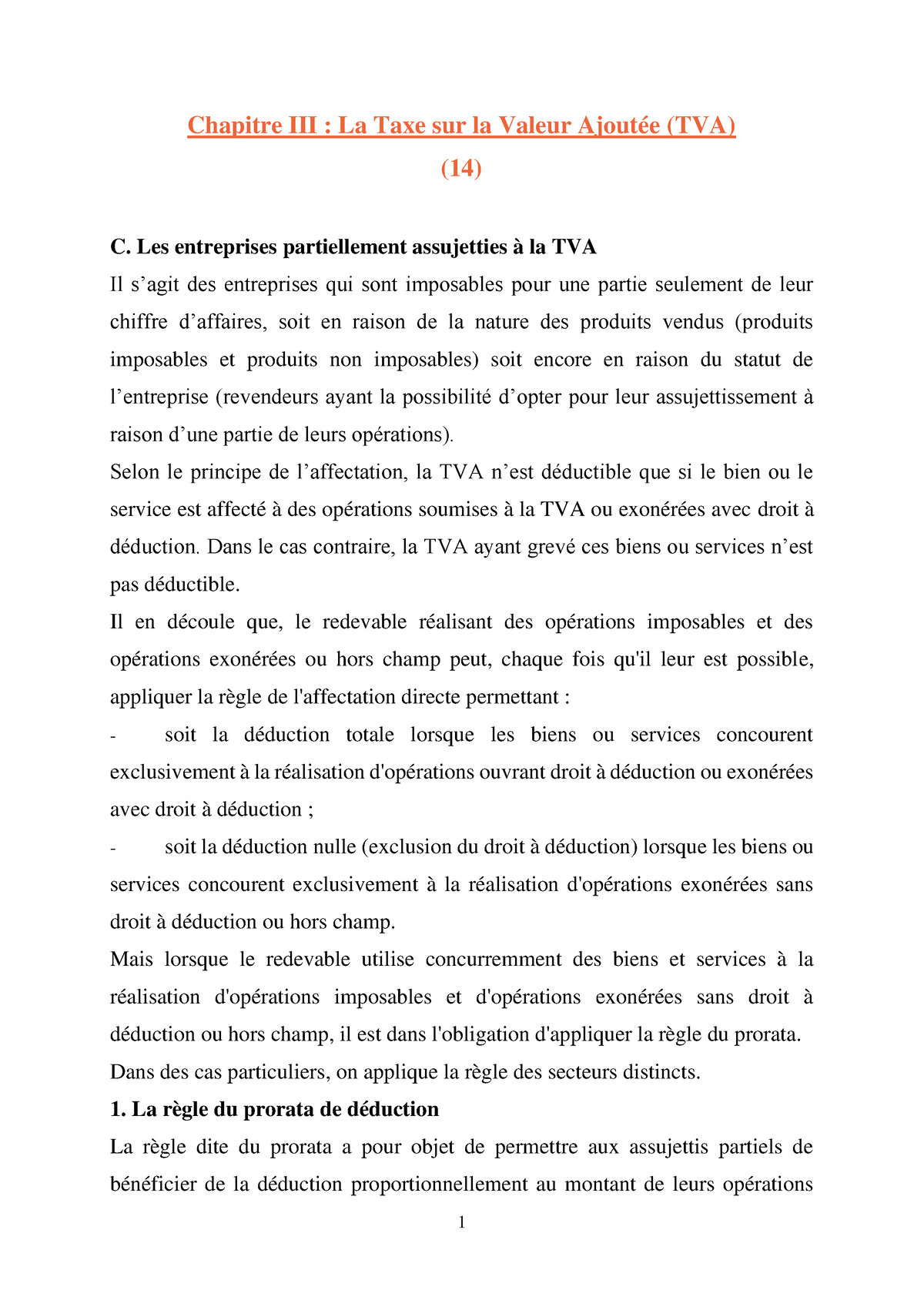 Prorata De D Duction Chapitre Iii La Taxe Sur La Valeur Ajout E Tva C Les