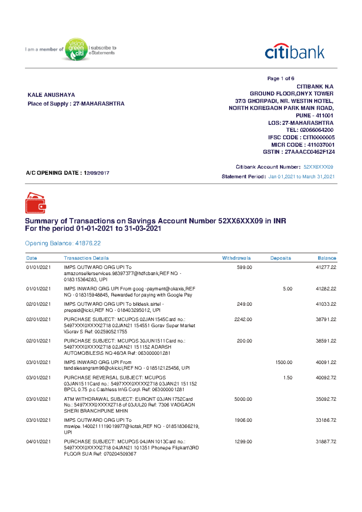 Citibank Account Statement20210101 TO 20210331 KALE ANUSHAYA Place of Supply 27MAHARASHTRA