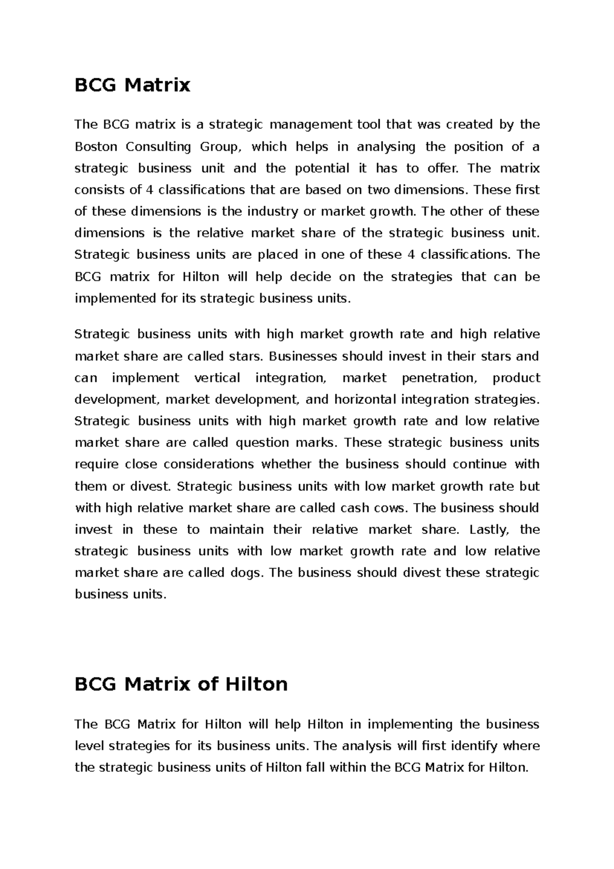 BCG Matrix of Hilton - BCG Matrix The BCG matrix is a strategic ...