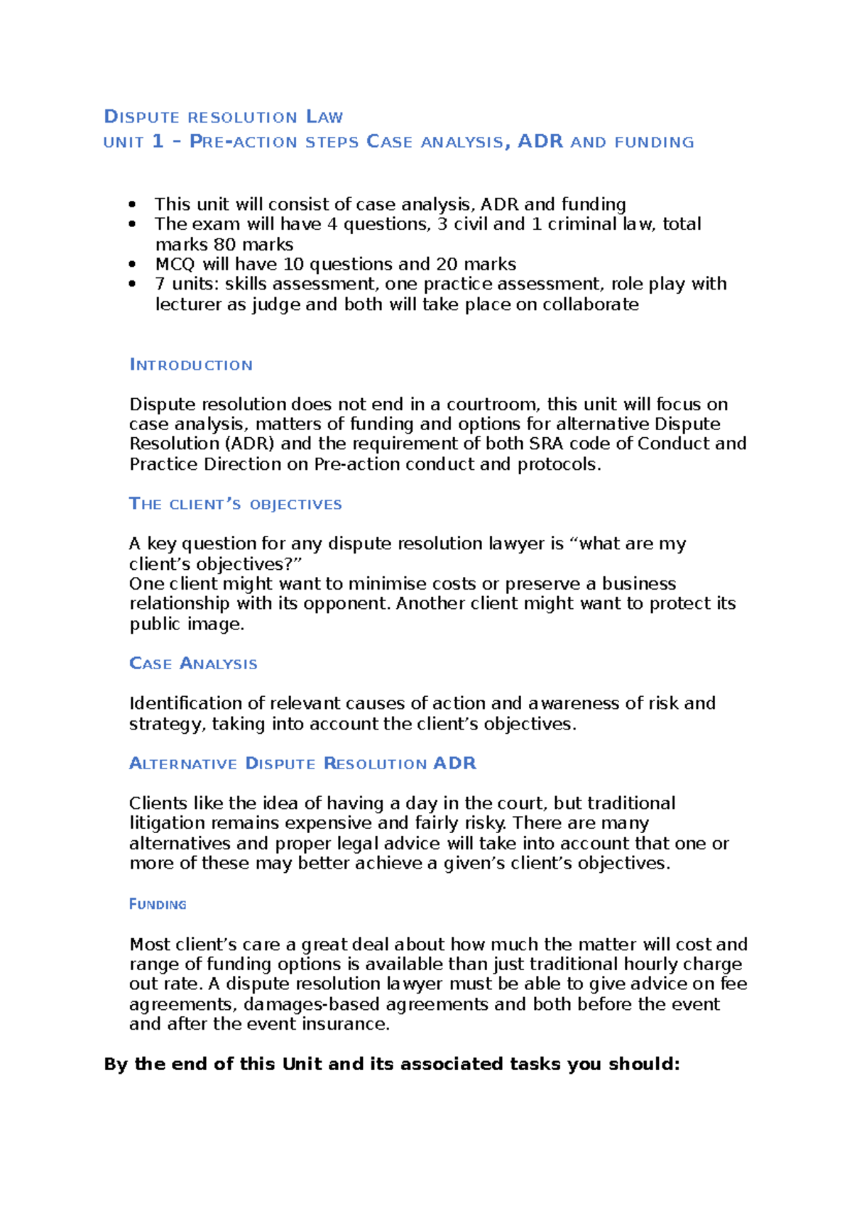 Unit 1 - PRE-ACTION STEPS CASE ANALYSIS, ADR AND FUNDING - DISPUTE ...