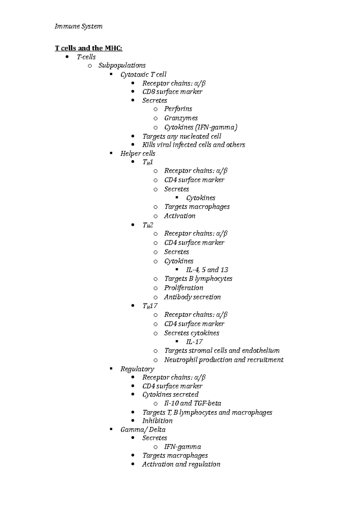 T cells and the MHC Lecture Note - Immune System T cells and the MHC: T ...