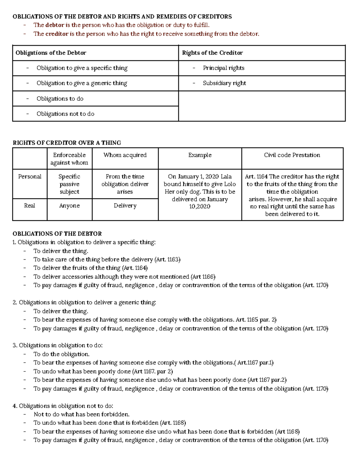 Nature and Effects - notes - OBLIGATIONS OF THE DEBTOR AND RIGHTS AND ...