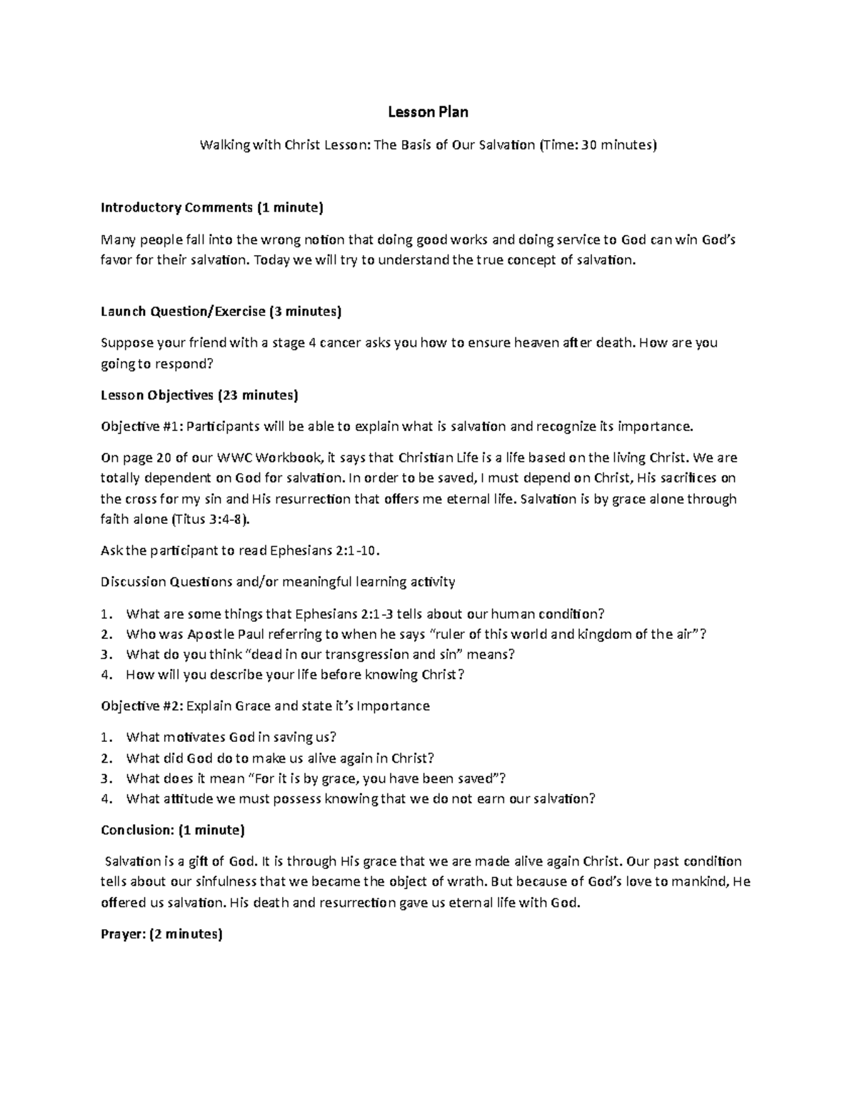 Lesson Plan Lesson Plan Walking With Christ Lesson The Basis Of Our