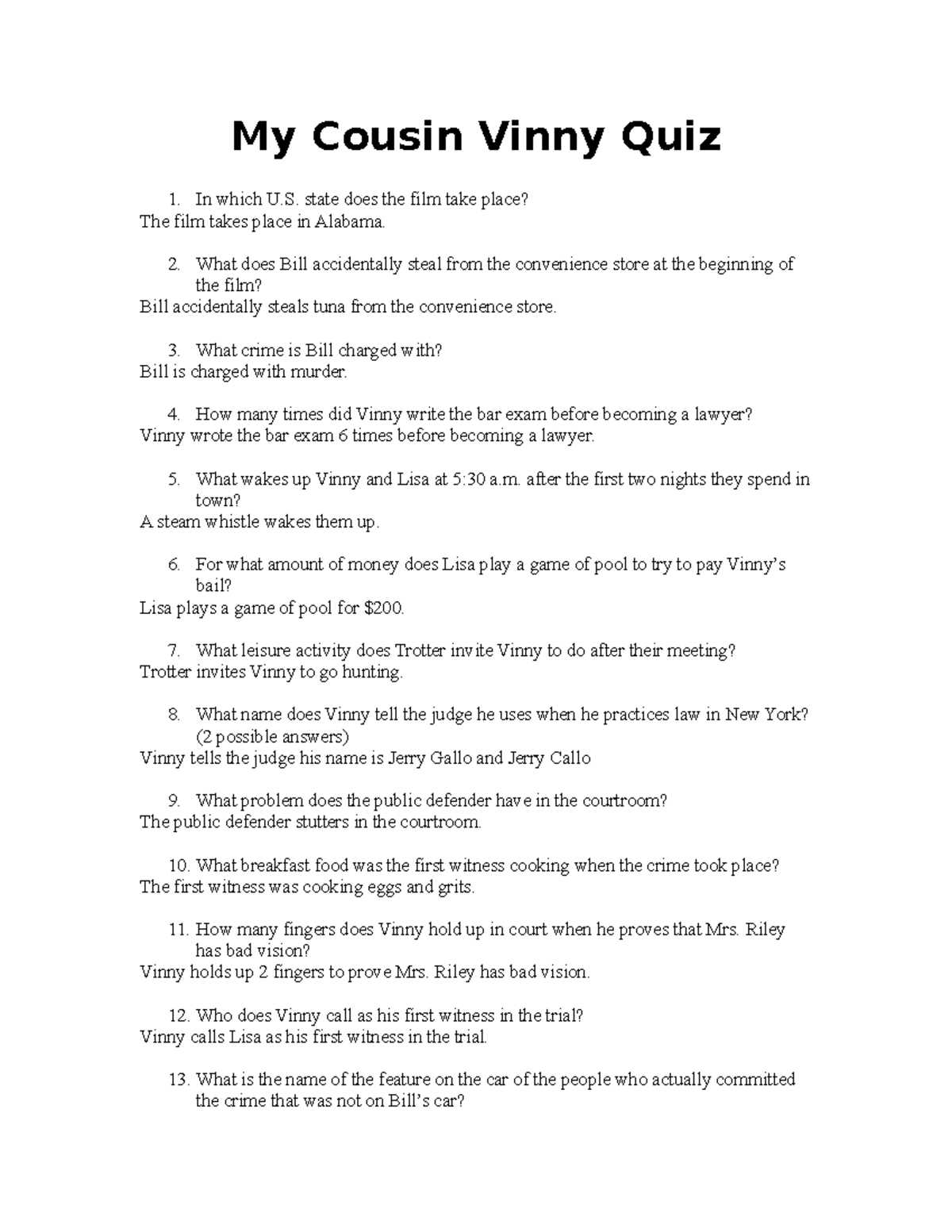 My Cousin Vinny Quiz - Required Quiz - My Cousin Vinny Quiz In which U. state does the film take - Studocu My Cousin Vinny Quiz - Required Quiz - My Cousin Vinny Quiz In which U. state does the film take - Studocu