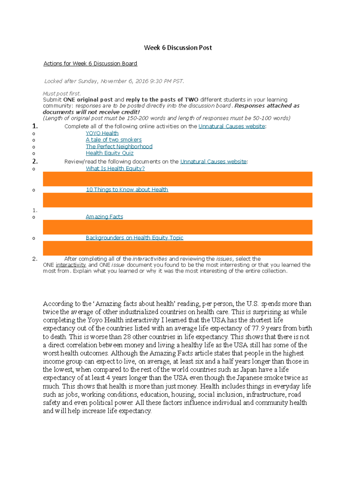 Week 6 Discussion Post - Week 6 Discussion Post Actions for Week 6 ...