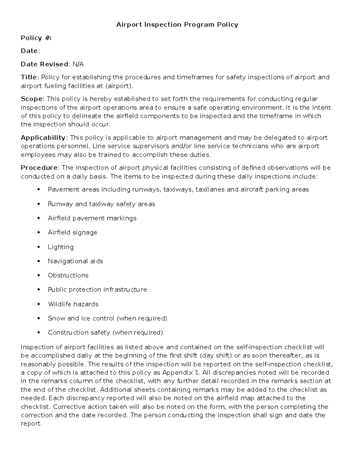 AirportInspectionChecklistPolicy Airport Inspection Program Policy Policy Date Date