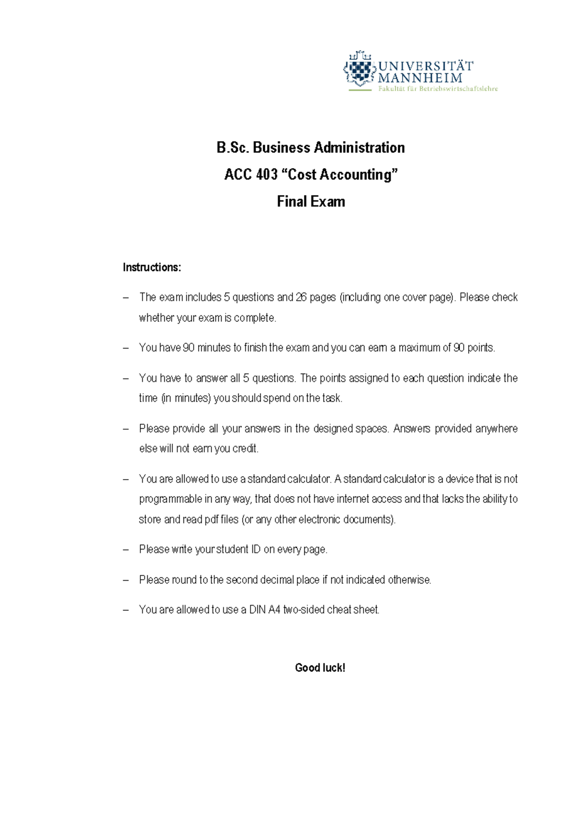 Exam Spring 2023 1 - Altklausur - B. Business Administration ACC 403 ...