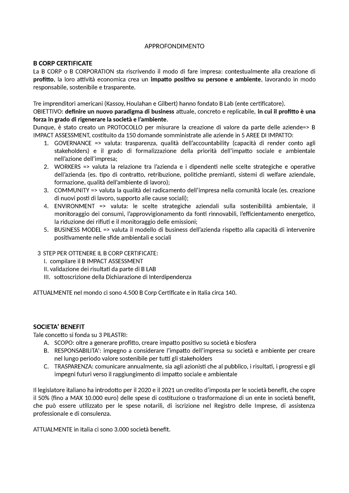 Approfondimento B CORP - APPROFONDIMENTO B CORP CERTIFICATE La B CORP O ...