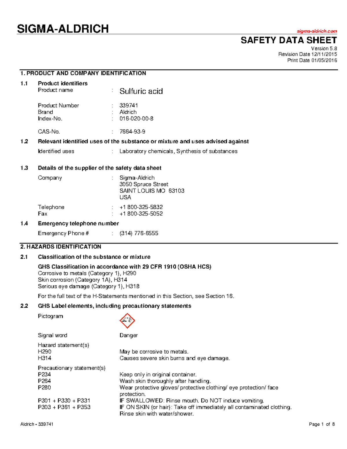 Sulfuric Acid SIGMAALDRICH sigmaaldrich SAFETY DATA SHEET Version 5