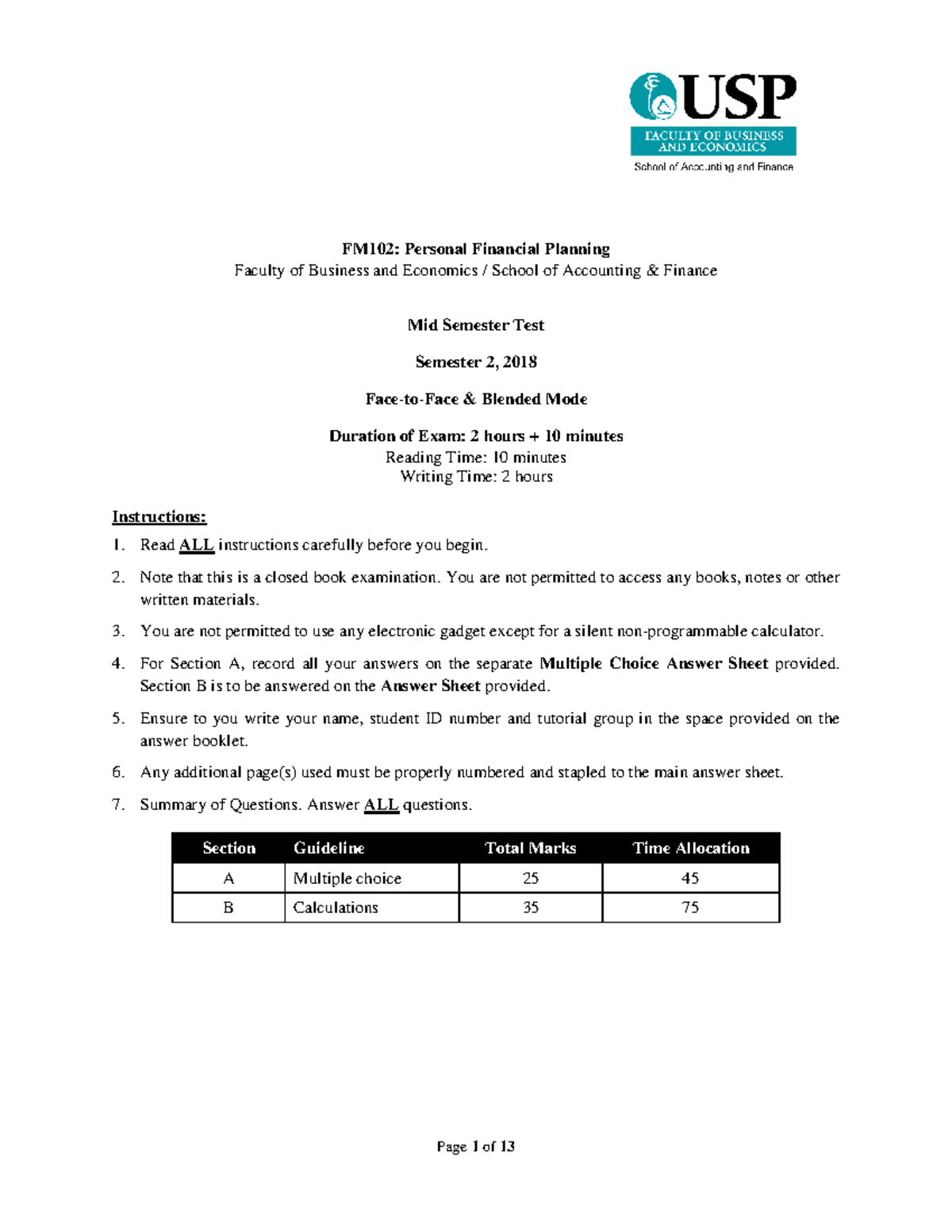 Final 2018, questions and answers - FM102: Personal Financial Planning