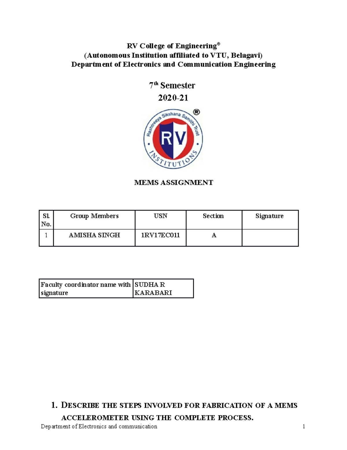 1RV17EC011 MEMS Assignment - RV College of (Autonomous Institution ...