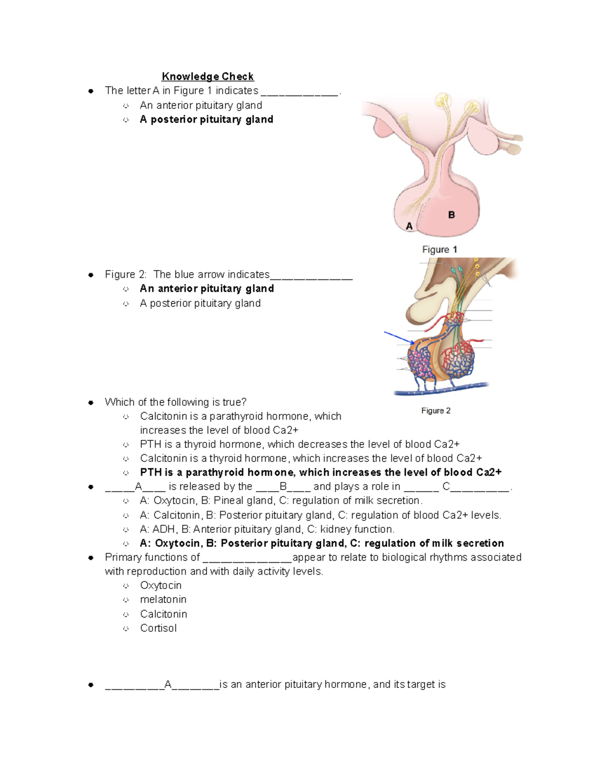 Hormones Endocrine System - Knowledge Check The letter A in Figure 1 ...