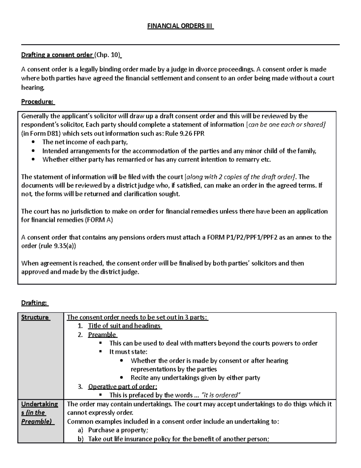 1. Drafting consent orders FINANCIAL ORDERS III Drating a consent