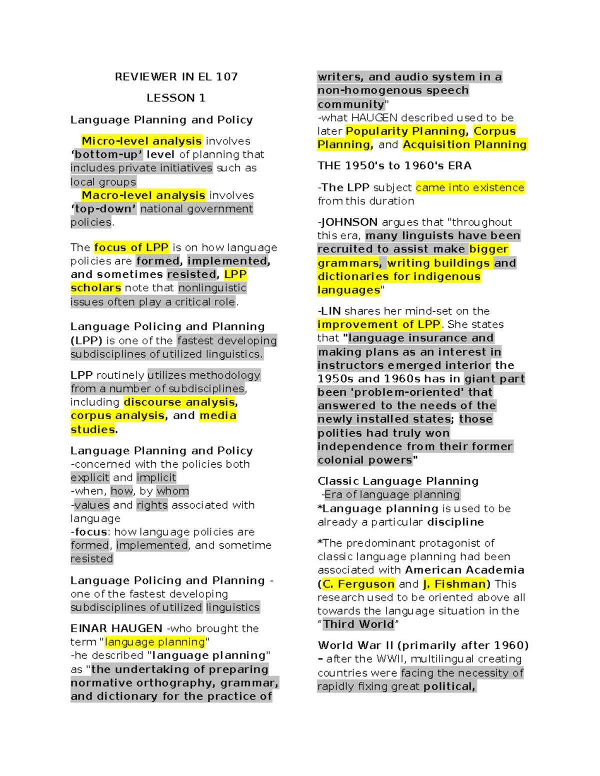 EL 107 - El 107 reviewer - REVIEWER IN EL 107 LESSON 1 Language ...