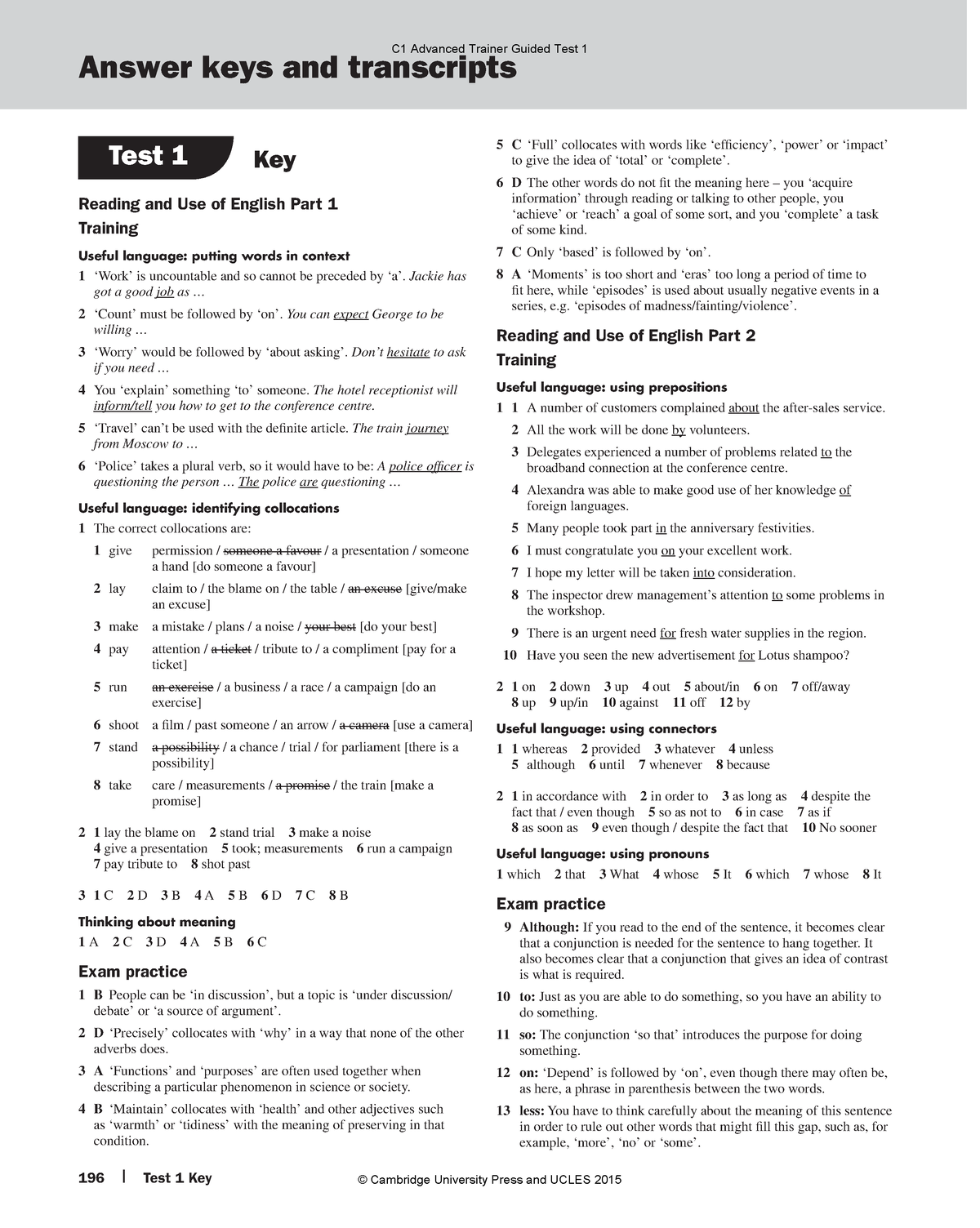 C1Advanced Trainer Test 1 Teachers Materials 3 - Test 1 Key Reading and ...