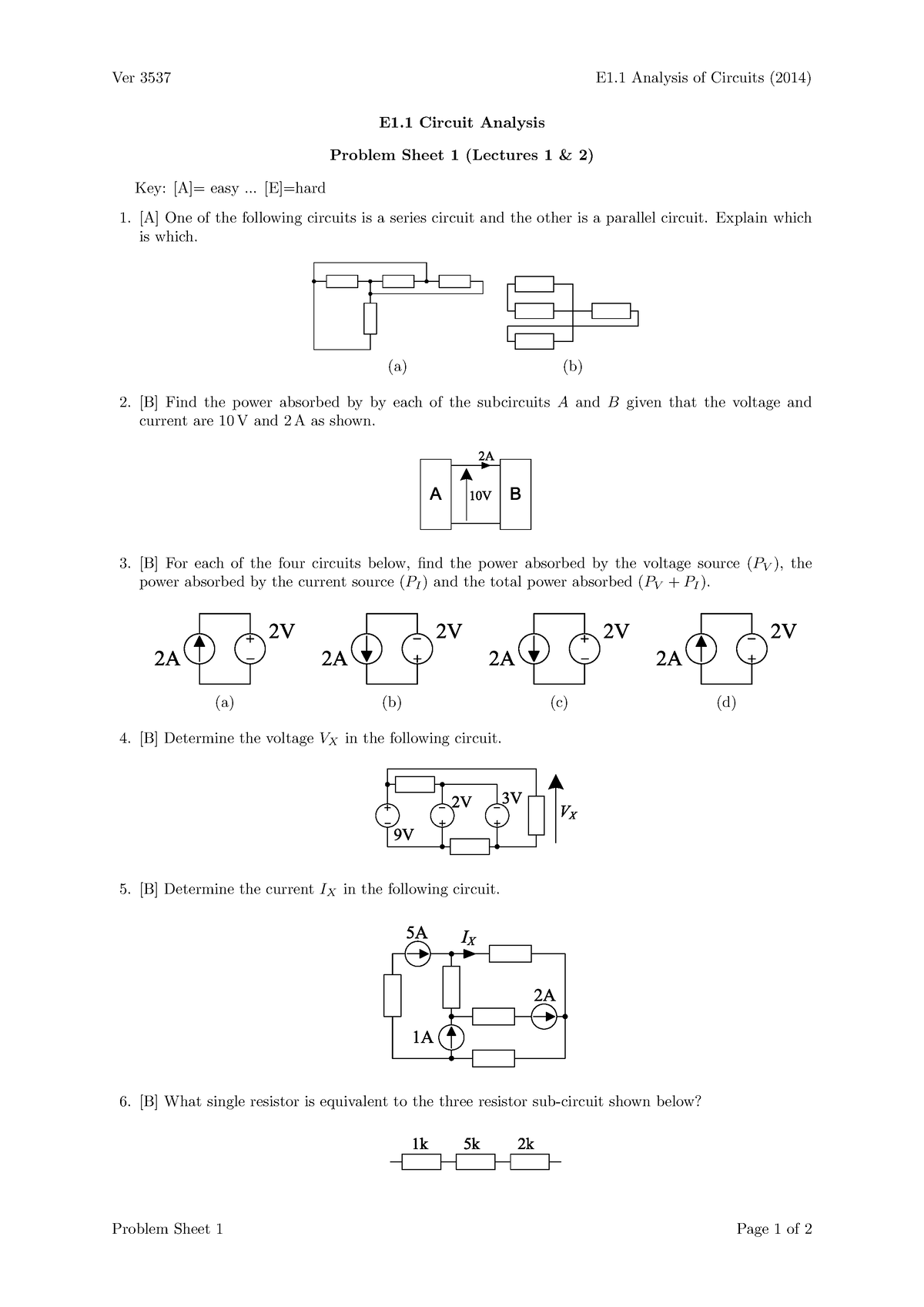 Probsolall - Physics - E1 Circuit Analysis Problem Sheet 1 (Lectures 1 ...