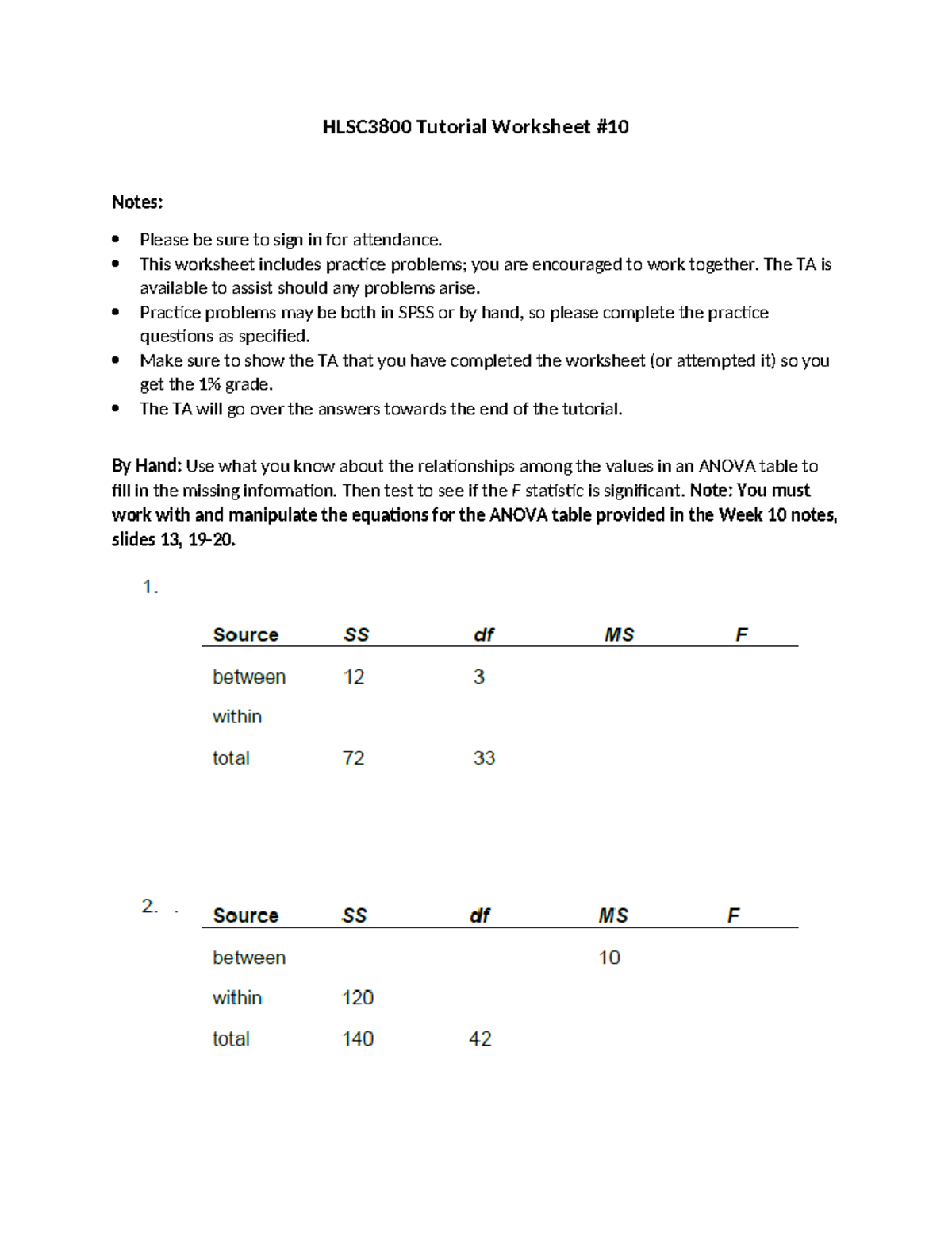 Tutorial 10-1 - questions - HLSC3800 Tutorial Worksheet Notes: Please ...
