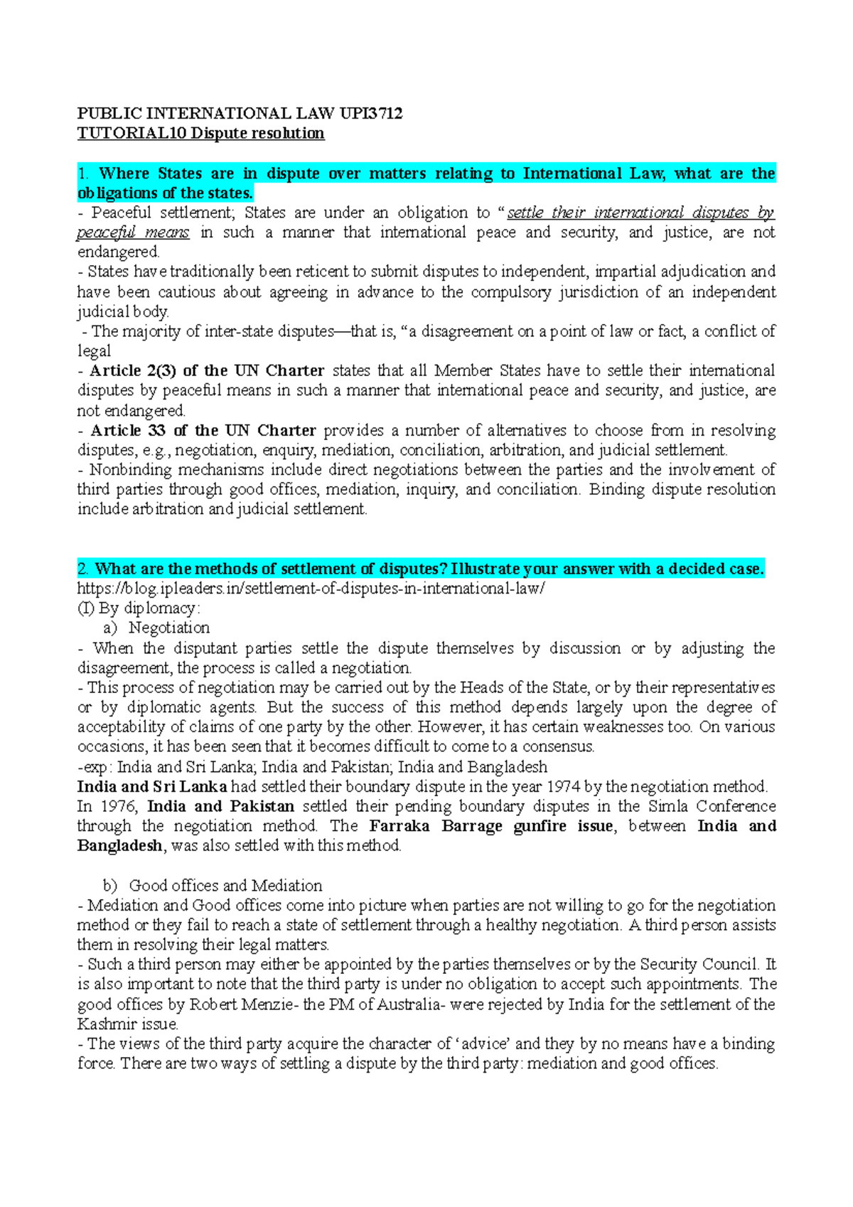 PIL TUT 10 Dispute Resolution - PUBLIC INTERNATIONAL LAW UPI TUTORIAL10 ...