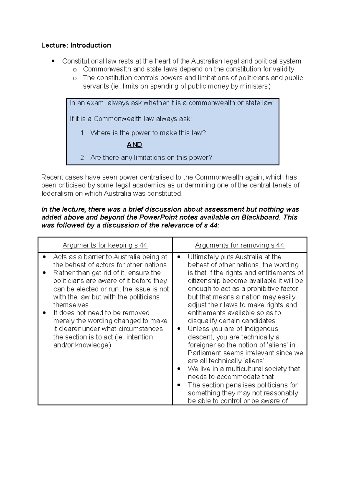 LLB203 Wk 1 L - Lecture notes 1 - Lecture: Introduction Constitutional ...