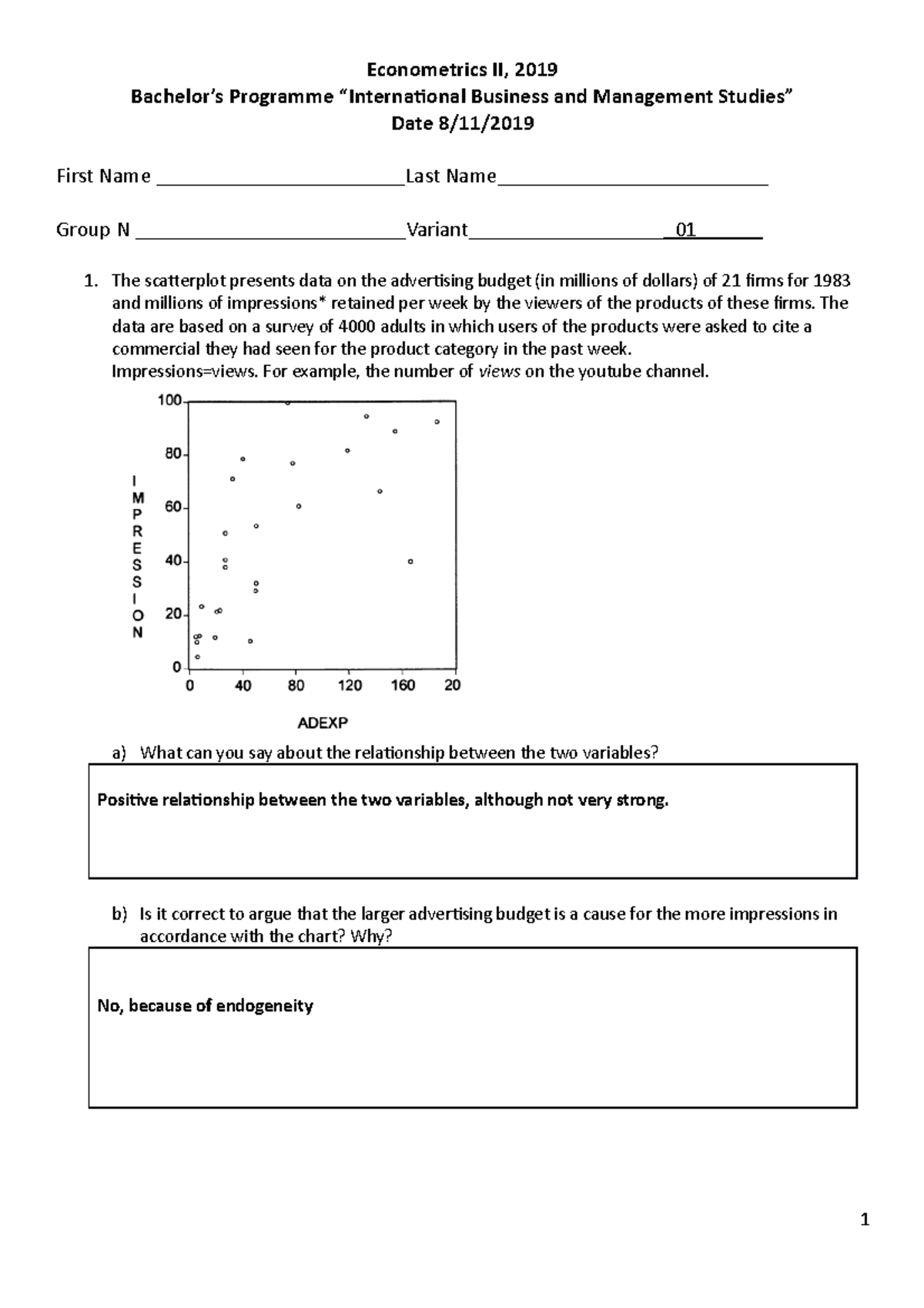 Test II Man V1 answers - Econometrics - Econometrics II, 2019 Bachelor ...