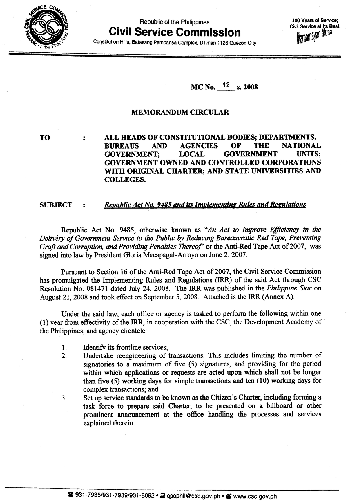 ARTA Memorandum Circular - Administrative Law, Law On Public Officers ...