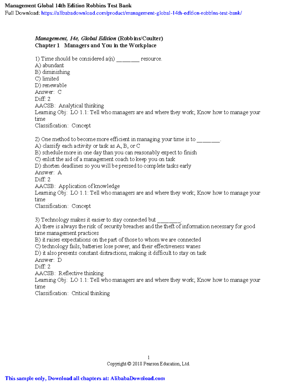 Management Global 14th Edition Robbins Test Bank - 1 Copyright © 2018 ...