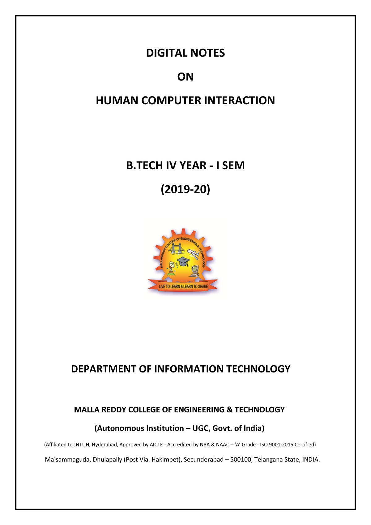 HCI . Mrcet Notes JNTUH - DIGITAL NOTES ON HUMAN COMPUTER INTERACTION B ...