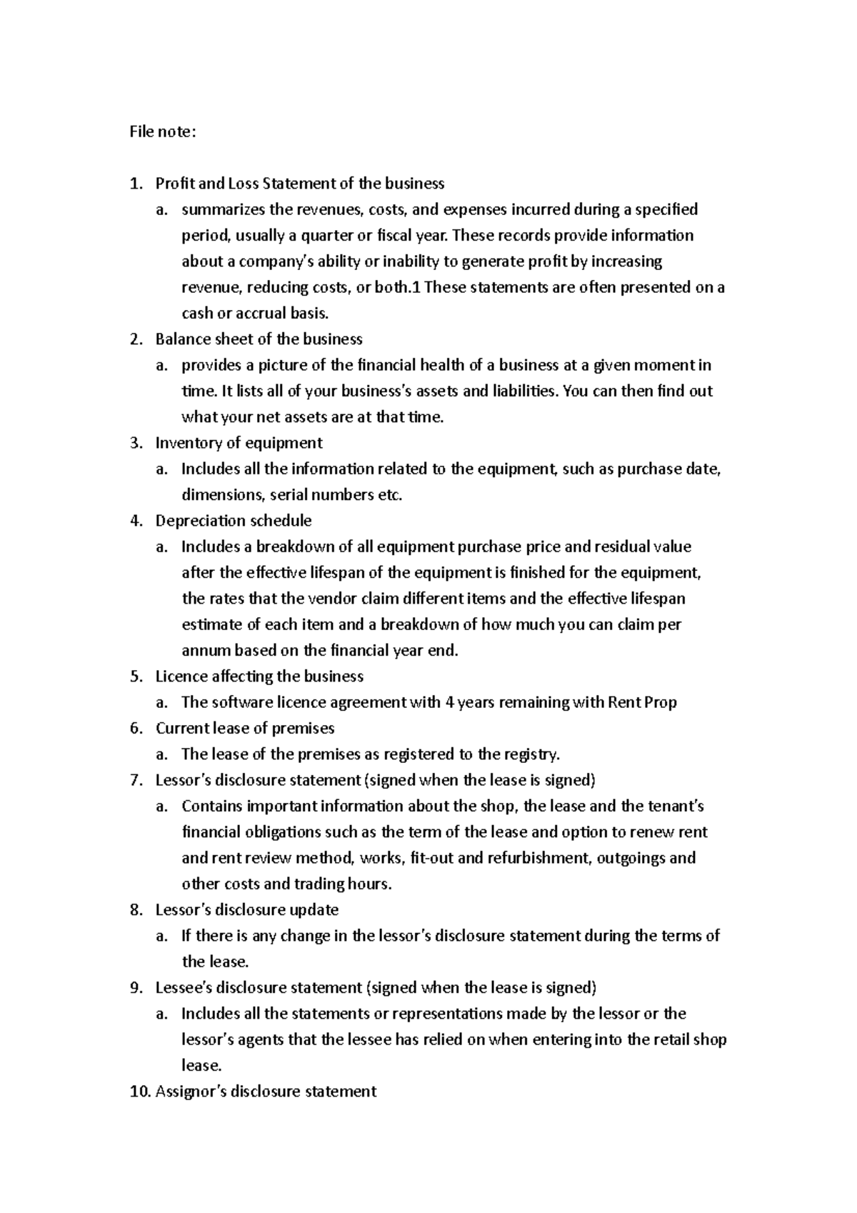 Activity 1.1 - Filenote - File note: Profit and Loss Statement of the ...