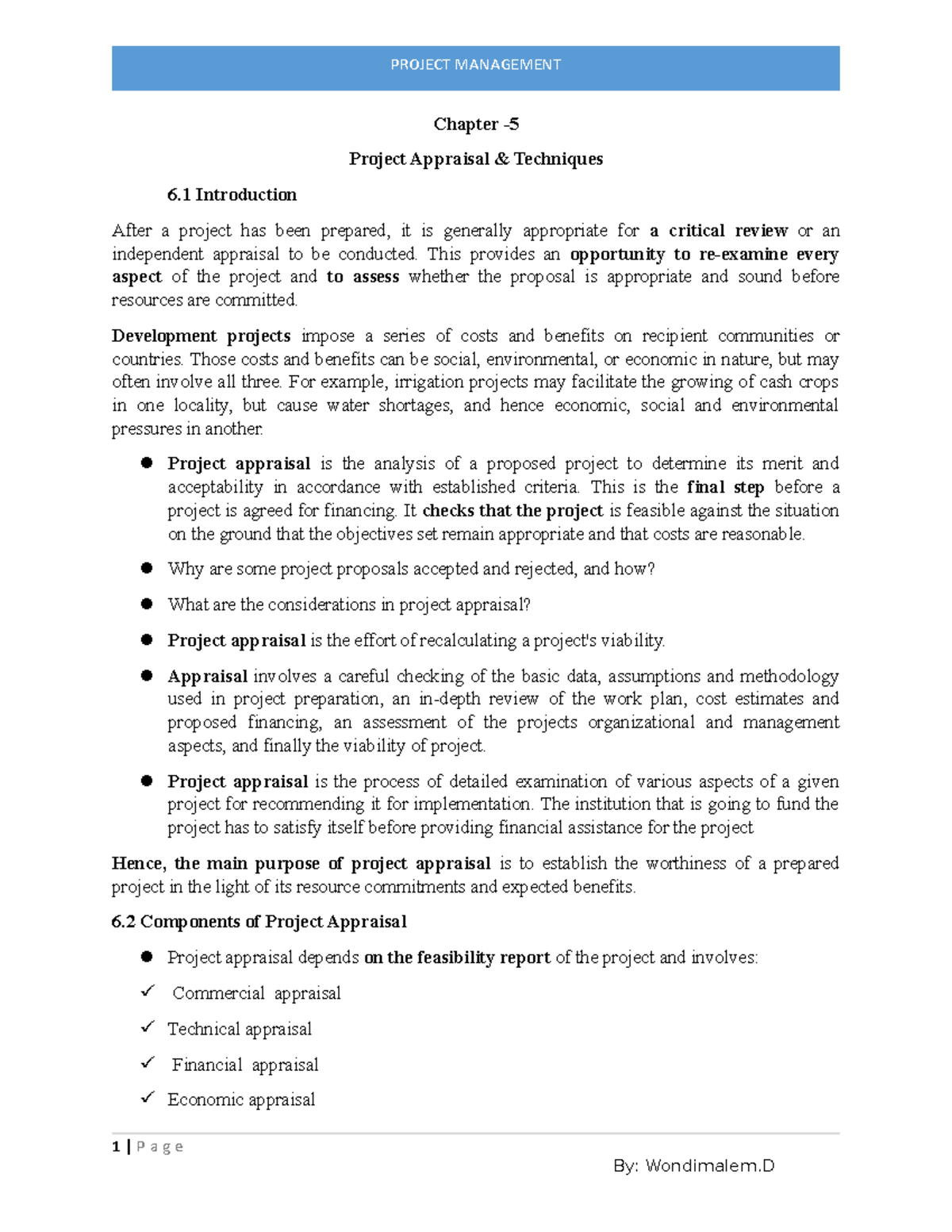 Project Management Ch 5 - Chapter - Project Appraisal & Techniques 6 ...