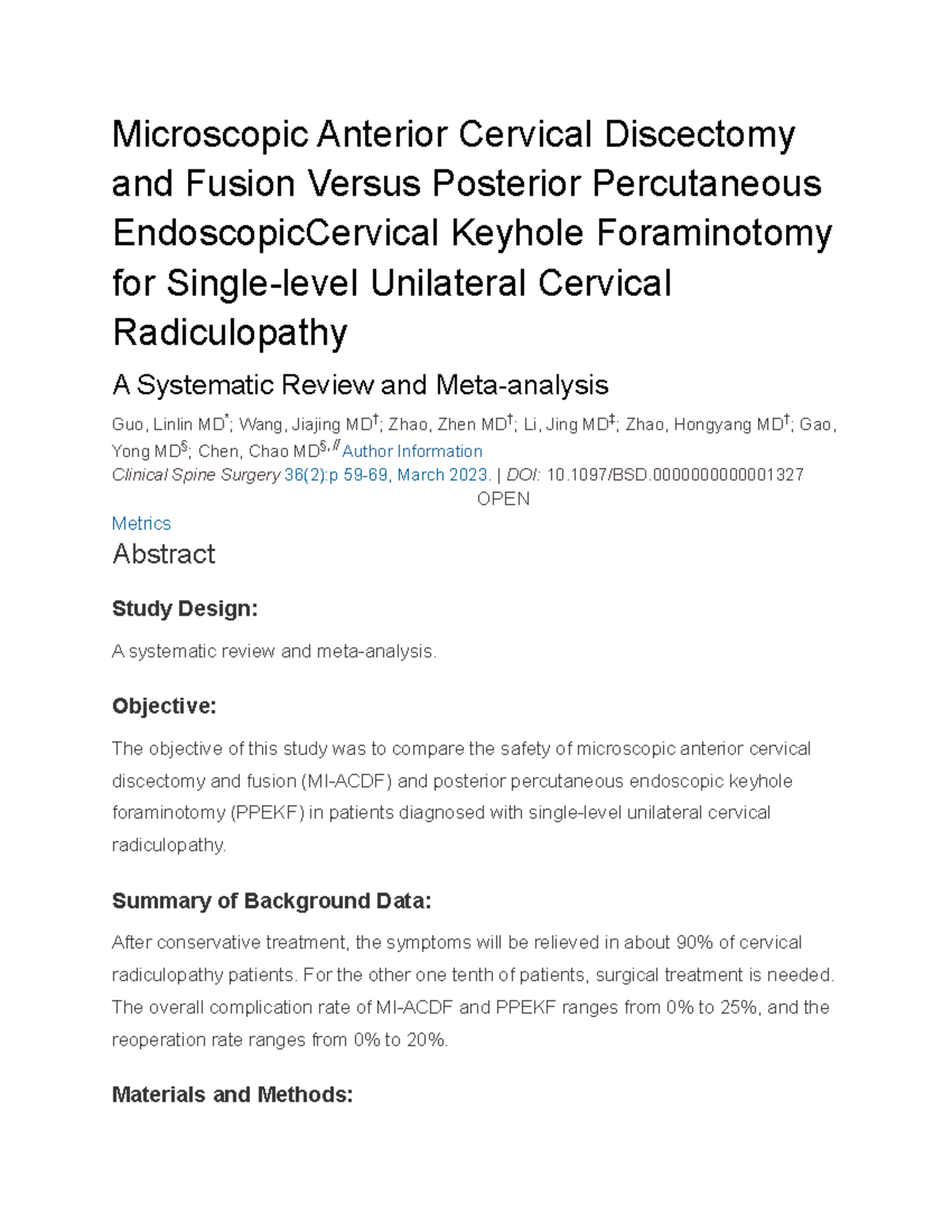 Microscopic Anterior Cervical Discectomy and Fusion Versus Posterior