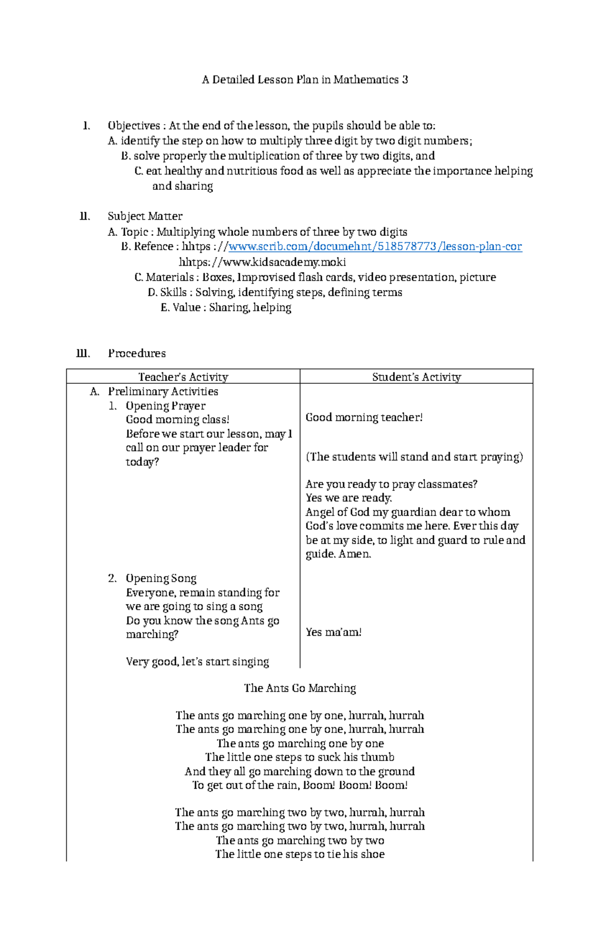 lesson plan in math - A Detailed Lesson Plan in Mathematics 3 I ...