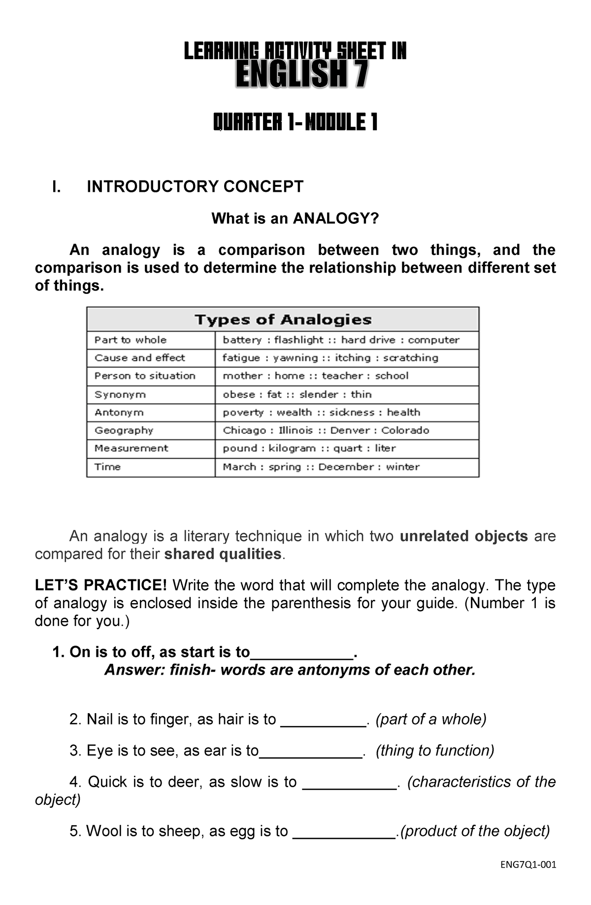 LAS 1 Analogy 1st Quarter Grade 7 I INTRODUCTORY CONCEPT What Is An 