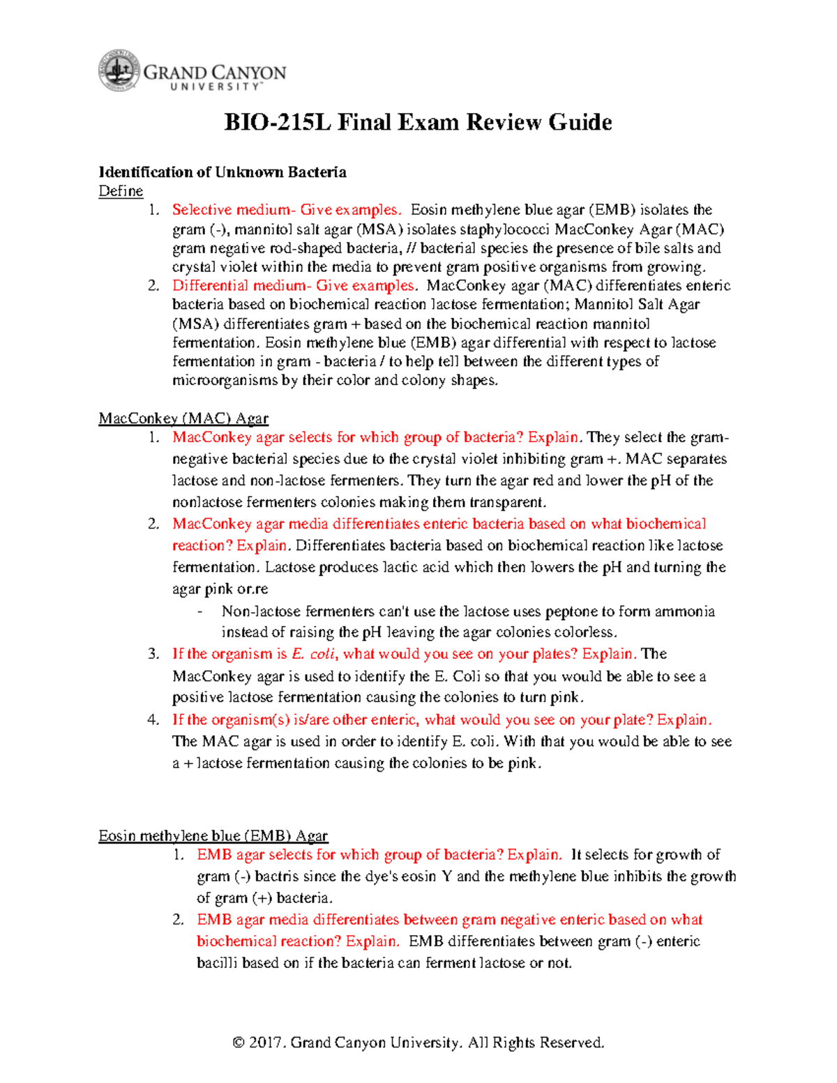 Final Exam Review Guide: Identification of Unknown Bacteria - Studocu