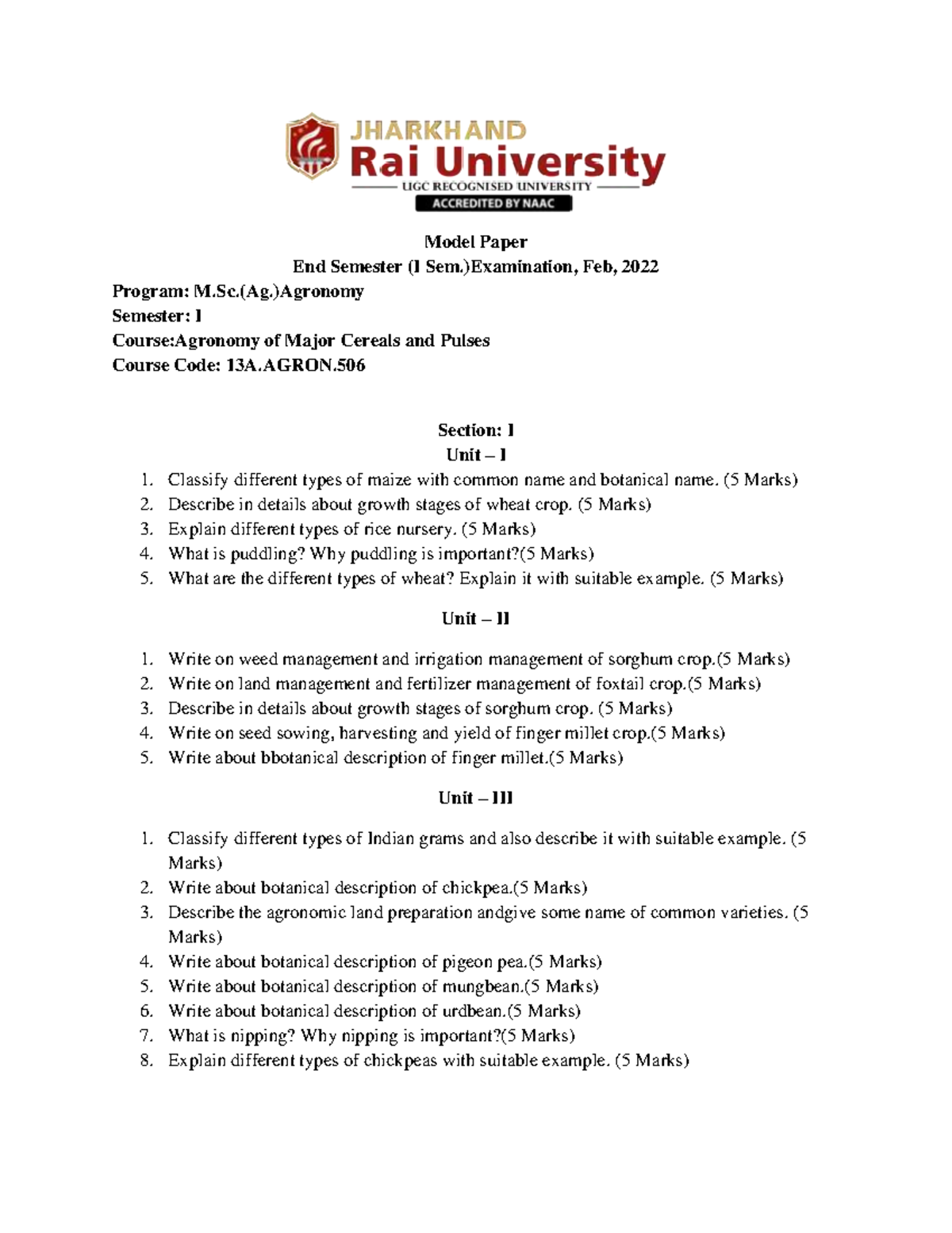 Agronomy of Major Cereals and Pulses Model Paper End Semester (I Sem