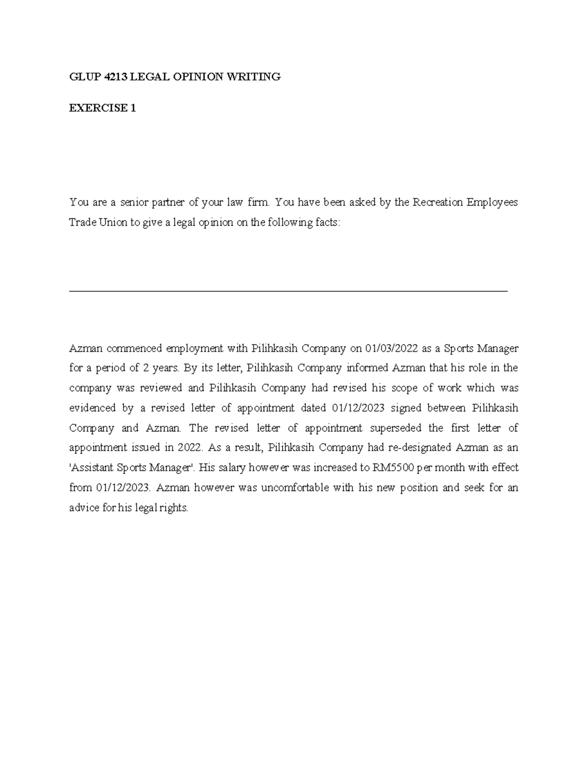 Exercise 1 LOW AAA - Tutorial - GLUP 4213 LEGAL OPINION WRITING ...