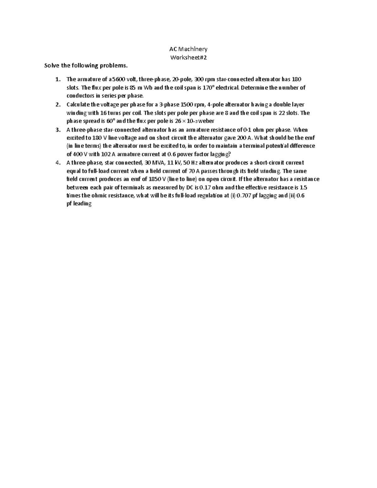 Worksheet #2 in electrical machines 2 for solving - AC Machinery ...