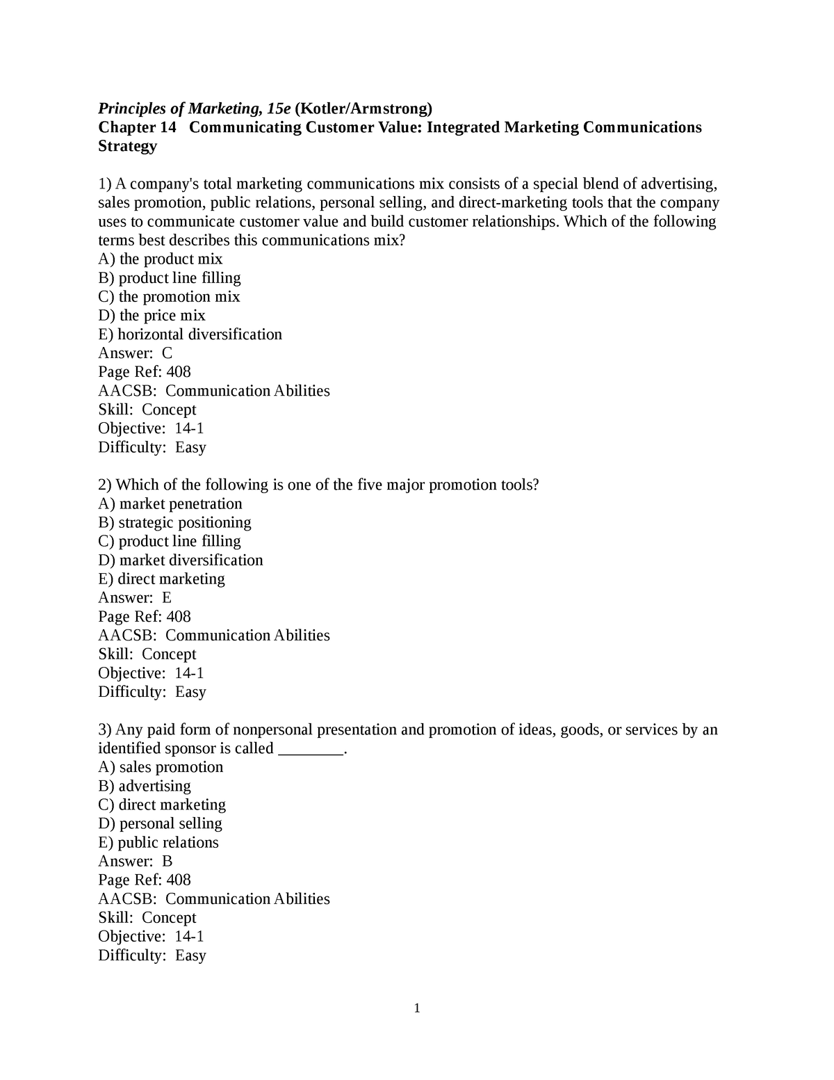 Marketing Multiple Choice Questions - Principles Of Marketing, 15e 