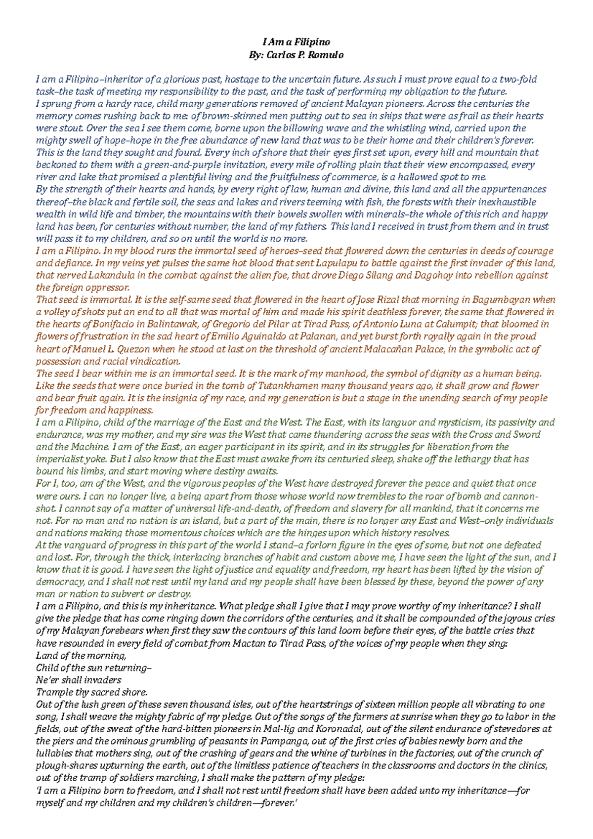 I Am a Filipino - N/A - I Am a Filipino By: Carlos P. Romulo I am a ...