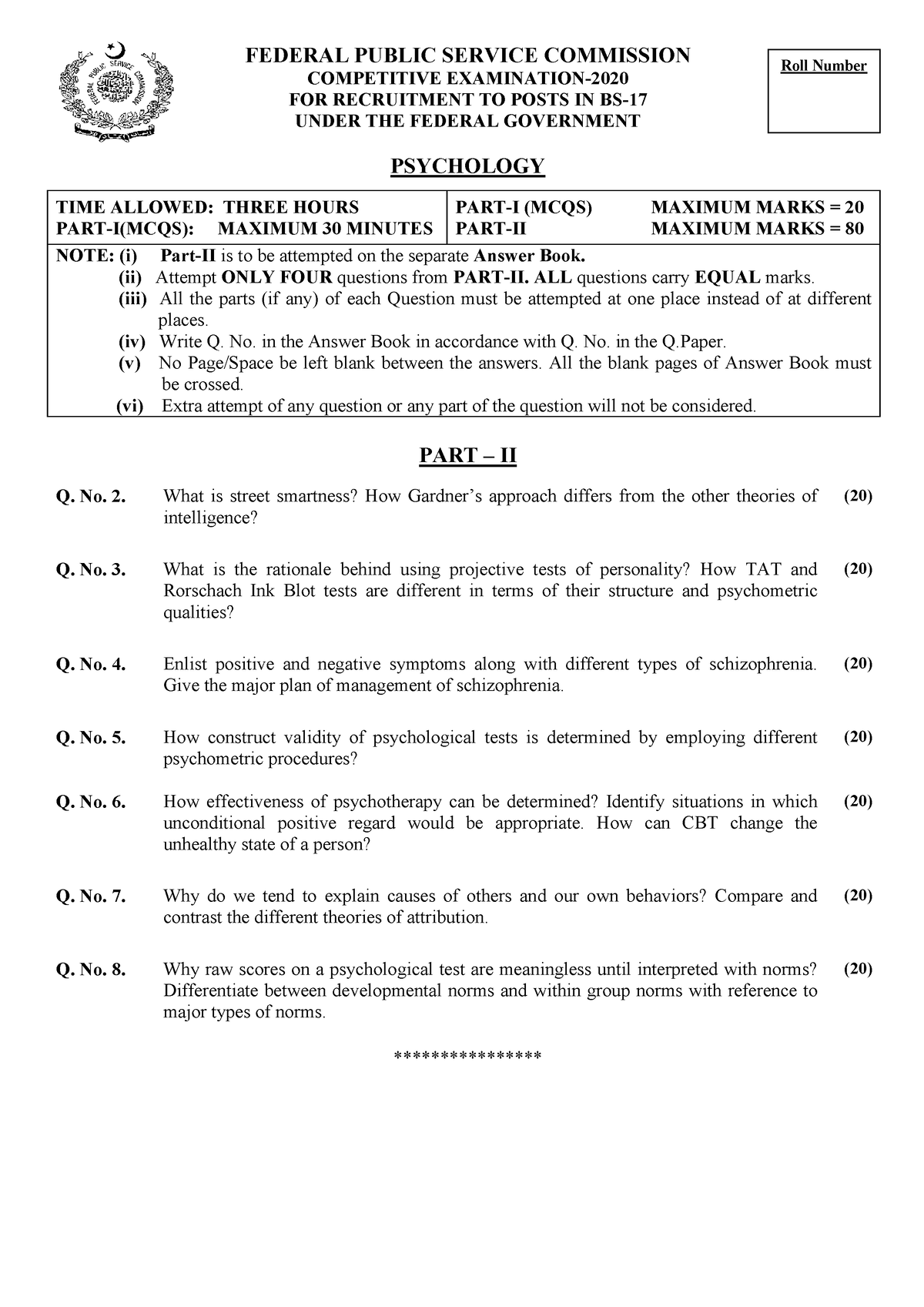 Psychology - 2020 - TIME ALLOWED: THREE HOURS PART-I(MCQS): MAXIMUM 30 ...