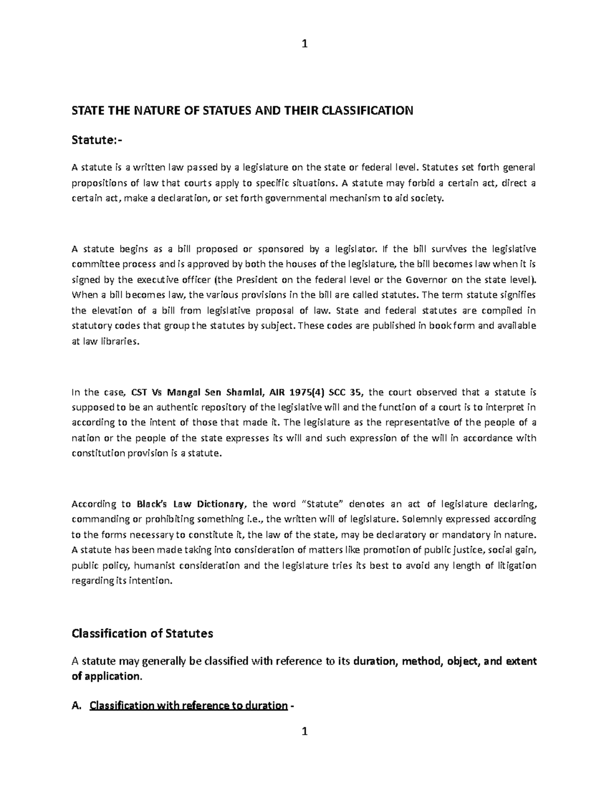 BAL401 lecture1docx short notes STATE THE NATURE OF STATUES AND THEIR CLASSIFICATION