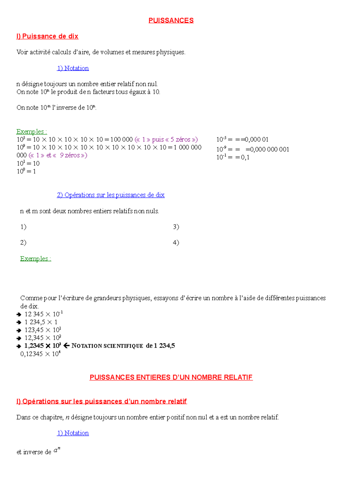 Puissances - college math - PUISSANCES I) Puissance de dix Voir ...
