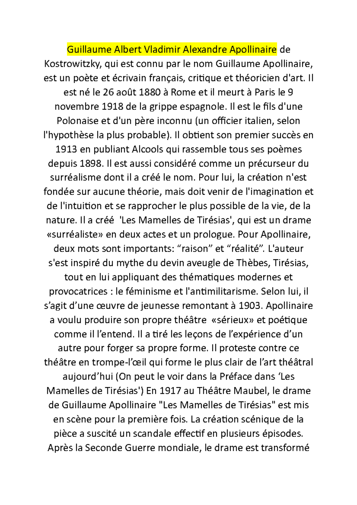 Biografia Apollinaire Guillaume Albert Vladimir Alexandre Apollinaire