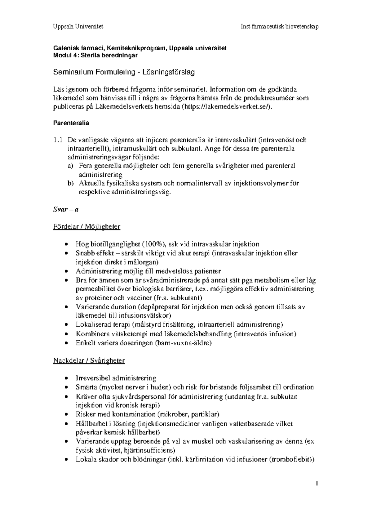 Modul Sterila beredningar Sem 2 Formulering ht2021 kemiteknik svarsmall ...